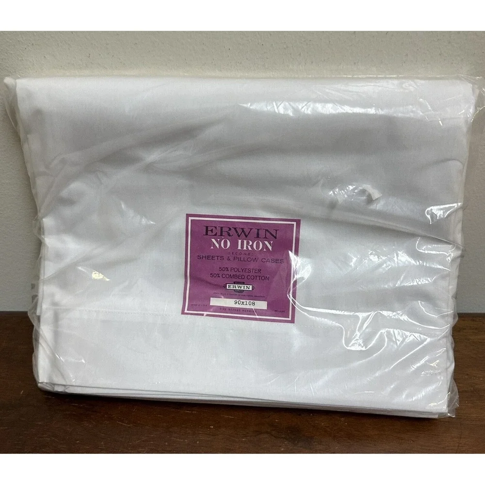 Vtg Erwin No Iron Combed Cotton Full Flat Sheet & Pillowcases Made USA NEW NOS